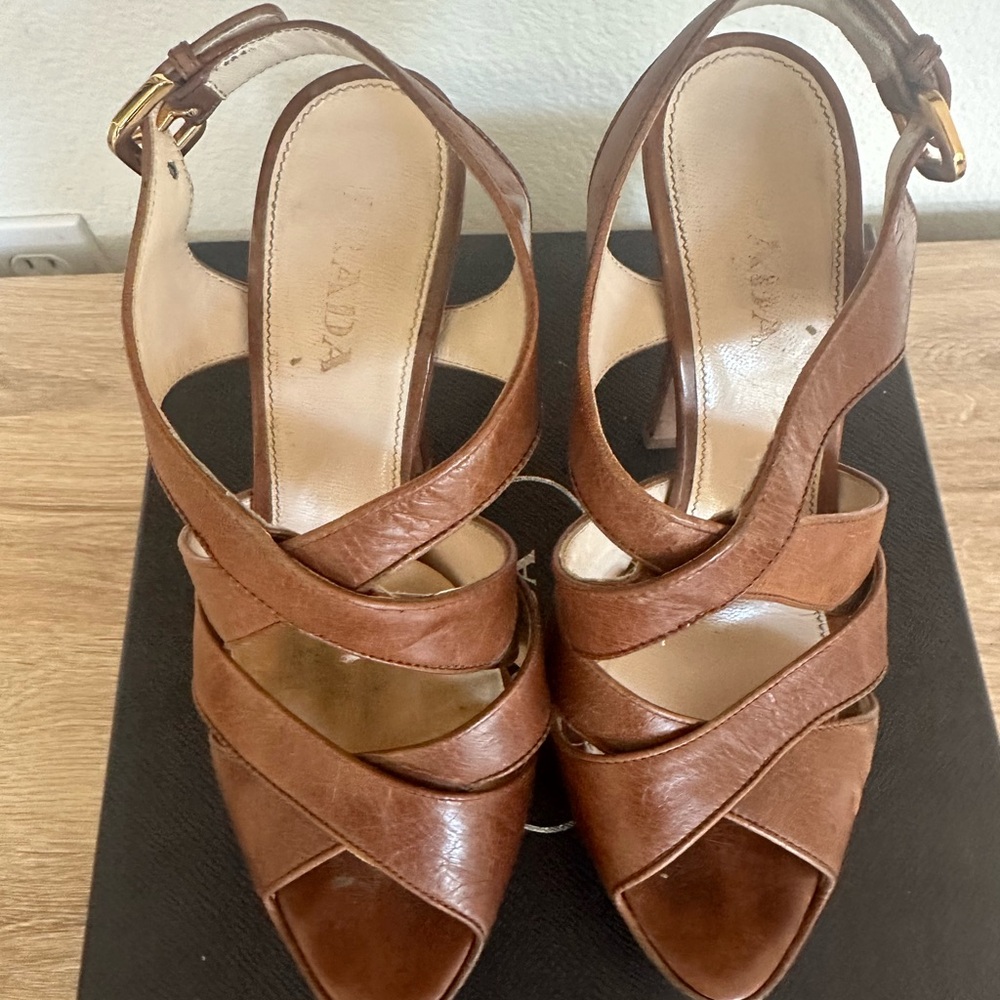 Prada Brown Leather Heels with Elegant Strappy Design. Size 6 / 36
